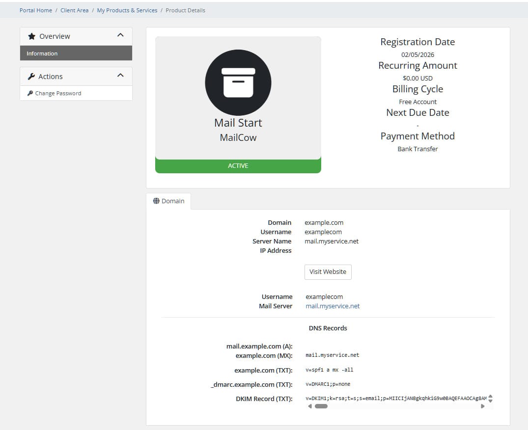 Free MailCow module for WHMCS